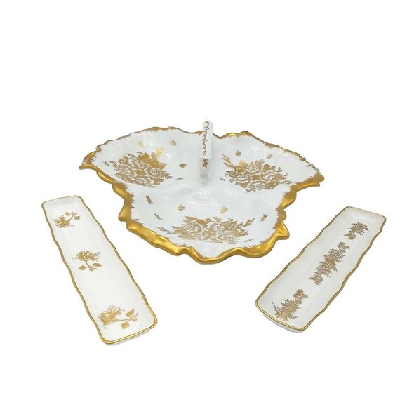 Limoges France Hand Painted Candy or Nut Serving Dish With 2 Mint Trays Vintage - Picture 1 of 16